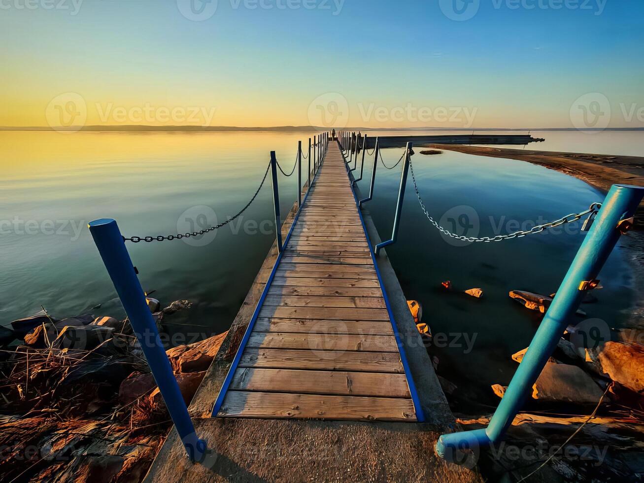 Serene Sunset Over Wooden Lake Pier with Chain Railings photo