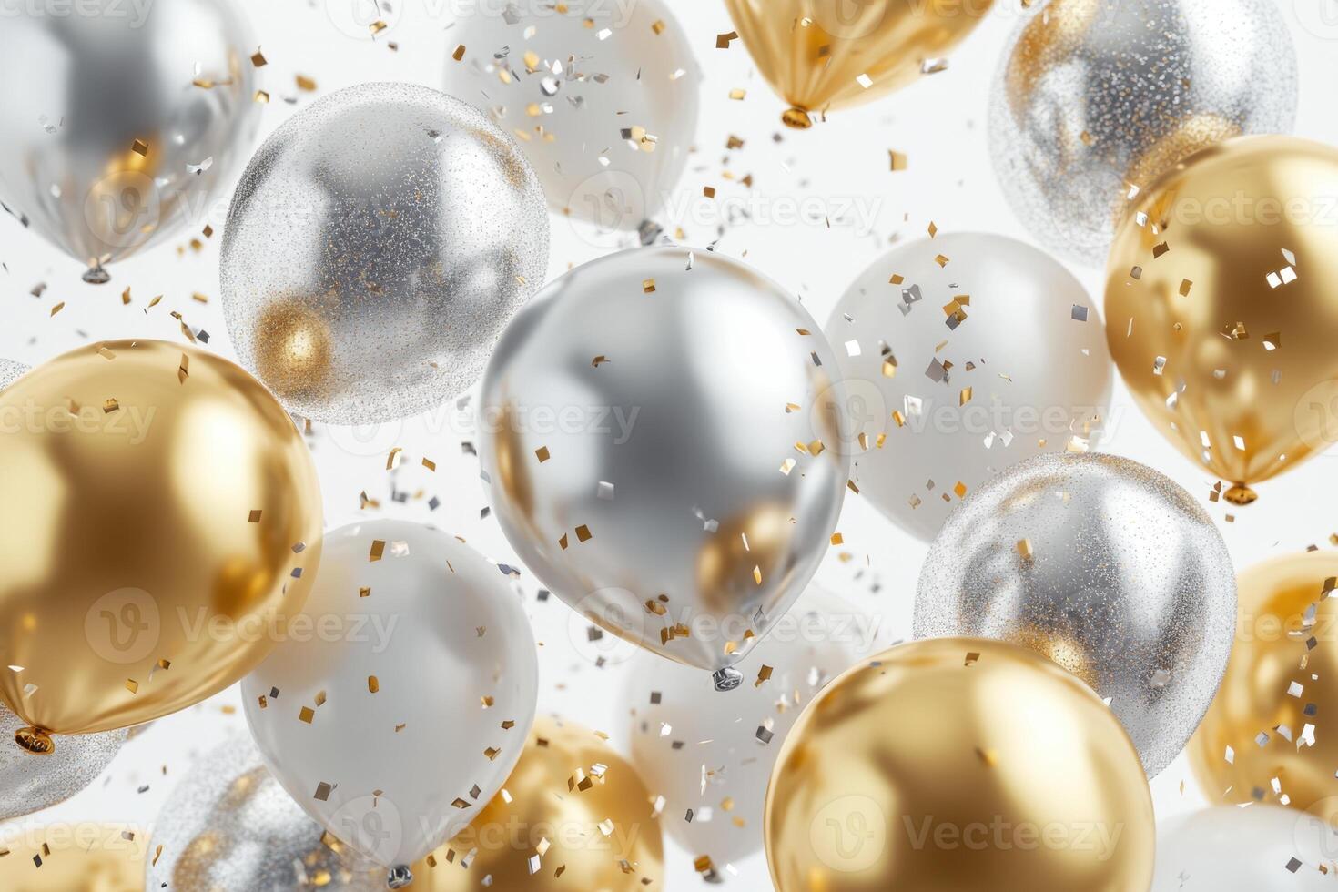 many silver and gold balloons are floating in the air photo