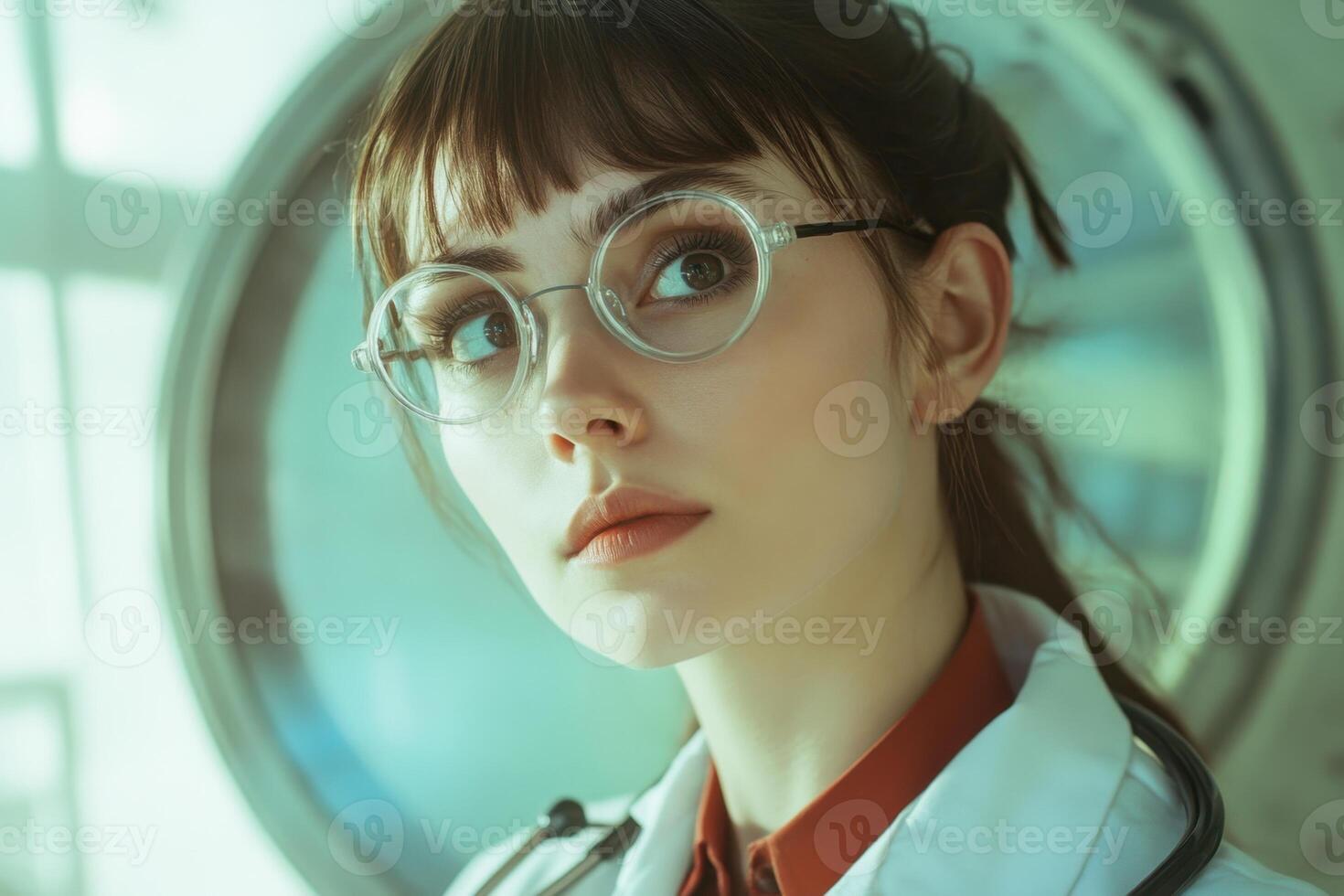 a woman in a lab coat and glasses photo