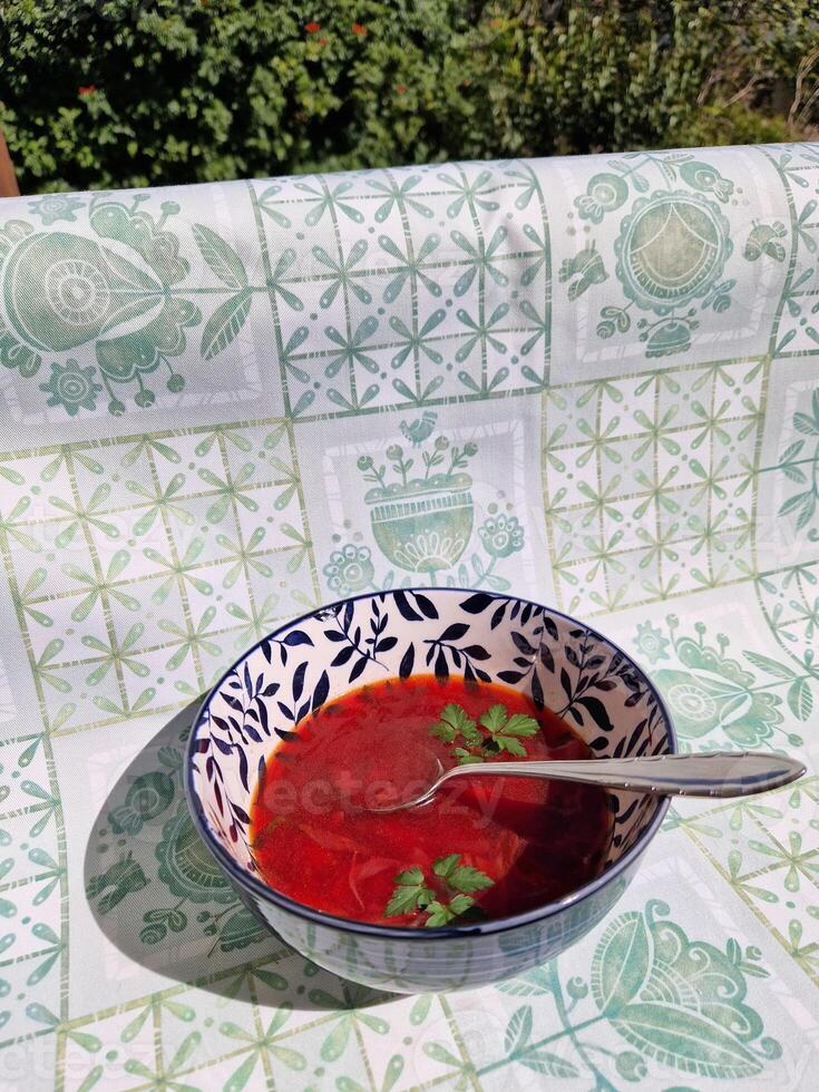 Delicious borscht served in a decorative bowl, showcasing Ukrainian beetroot soup with fresh herbs garnish against a patterned tablecloth photo