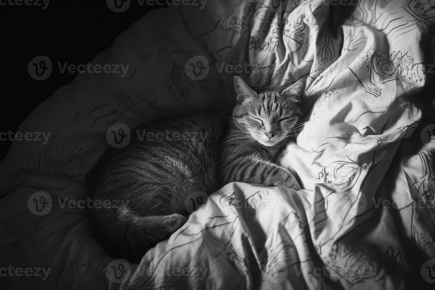 a black and white photo of a cat laying on a bed