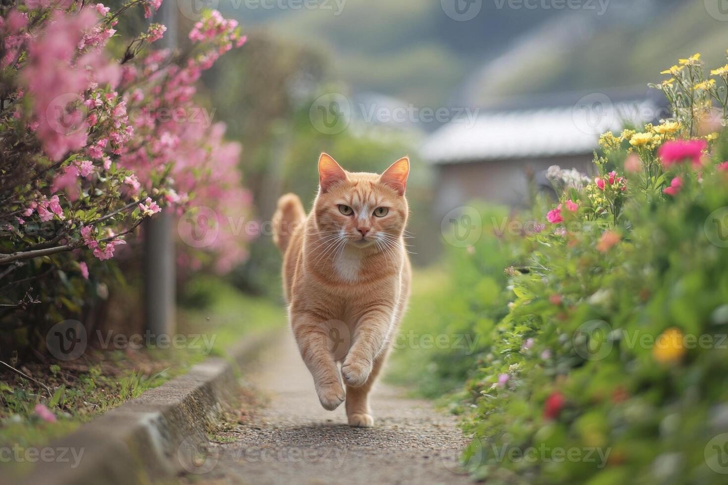 an orange cat walking down a path with flowers photo