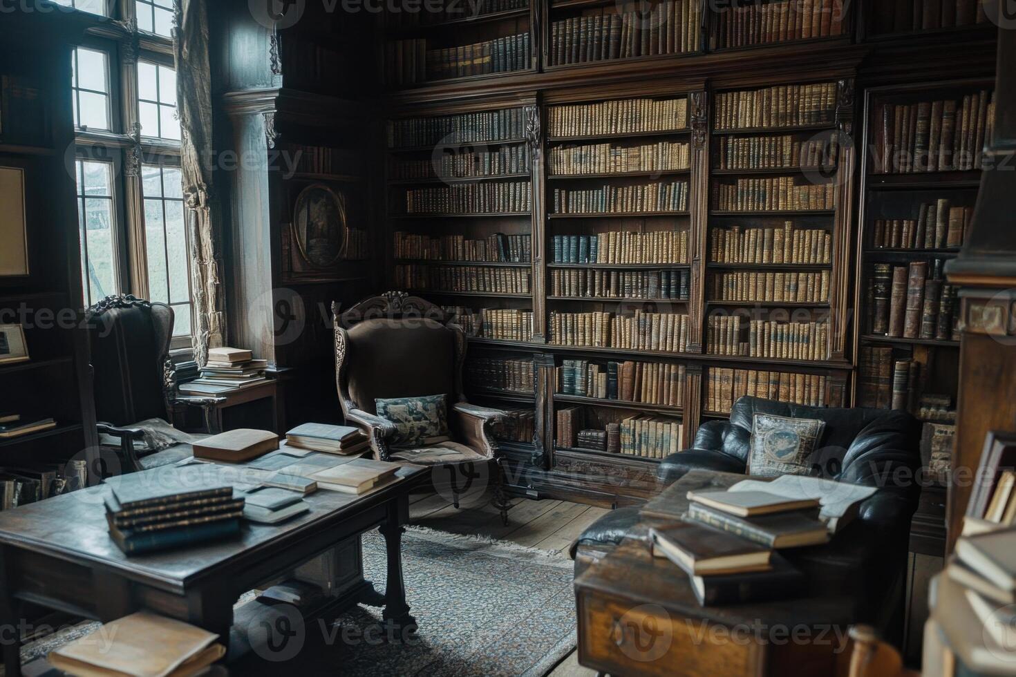 a library with books and chairs in it photo