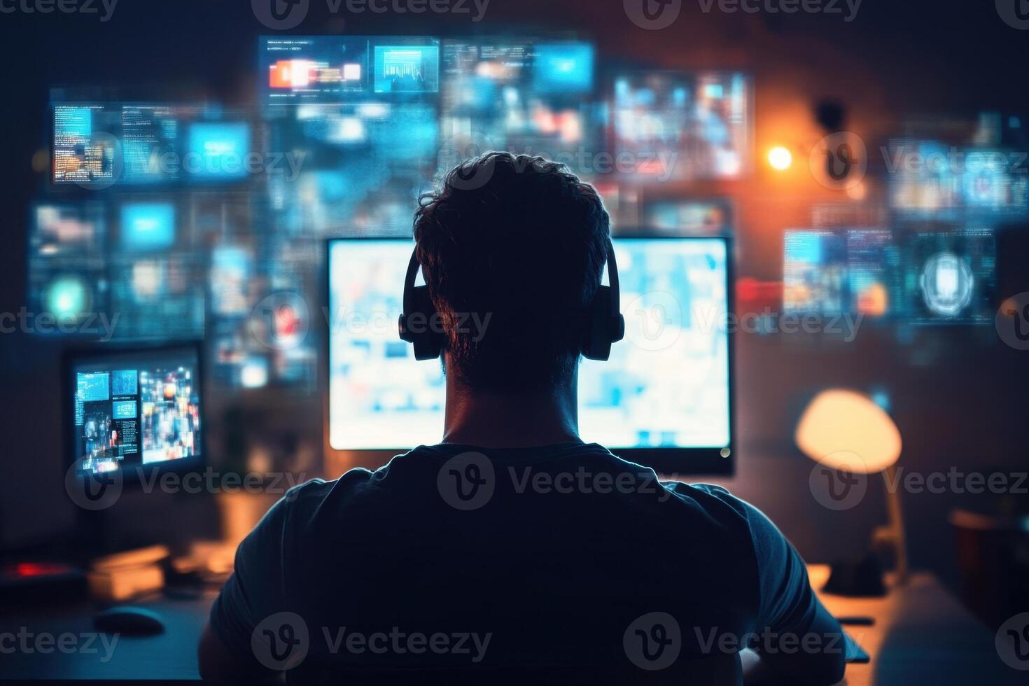 a man sitting at a desk with multiple screens on the wall photo
