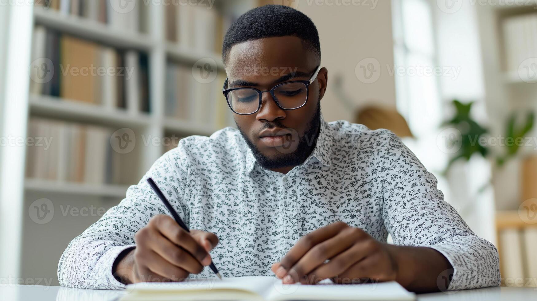 Focused University Student Taking Notes While Studying in Library photo