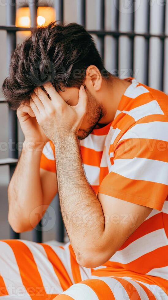 Prisoner suffering in jail covering face with hands photo