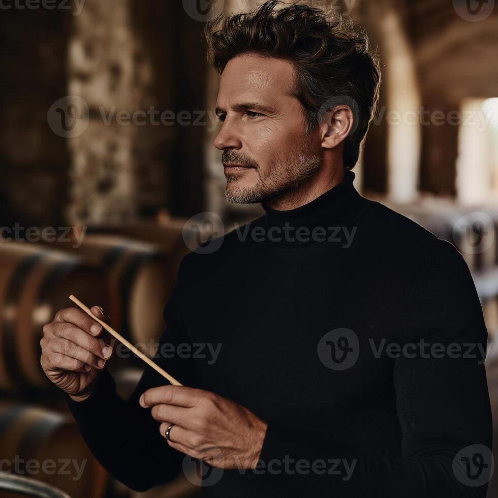 Winemaker holding tasting stick and inspecting barrels in cellar photo