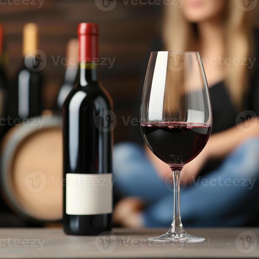 Glass of red wine with bottle and barrels in background, woman sitting on floor photo
