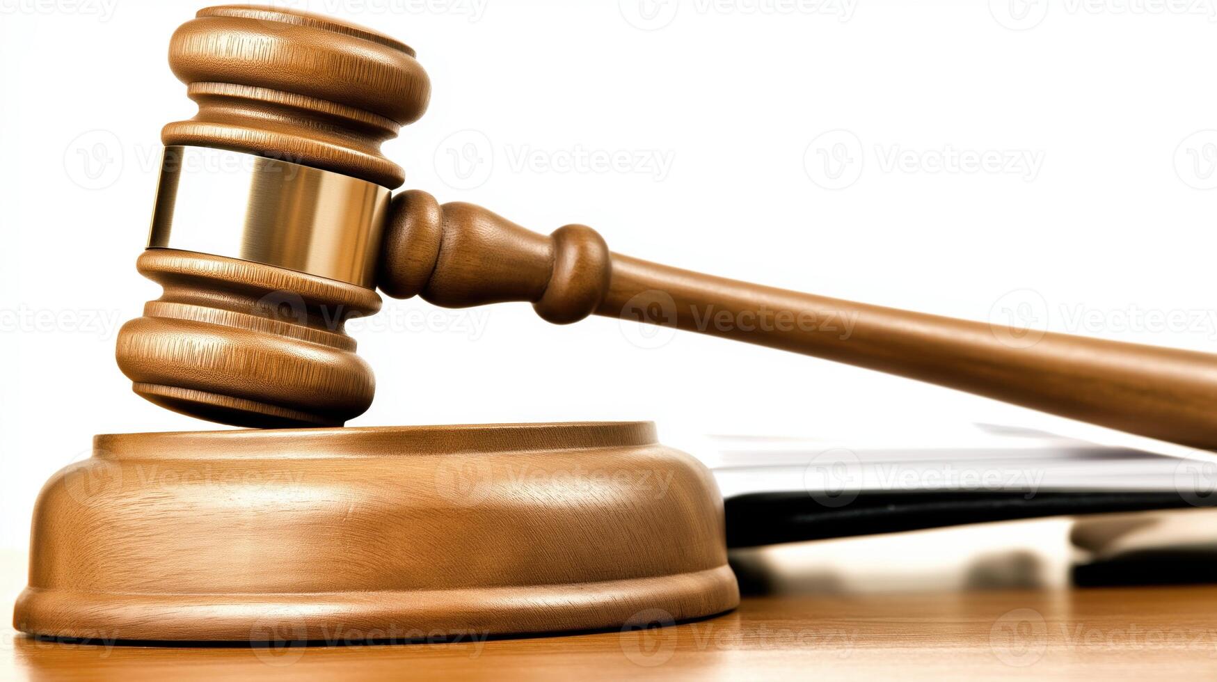 Wooden gavel resting on sound block with legal documents photo