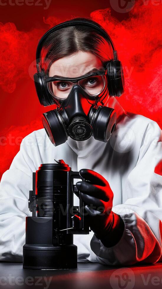 Scientist wearing gas mask and headphones analyzing toxic substance photo