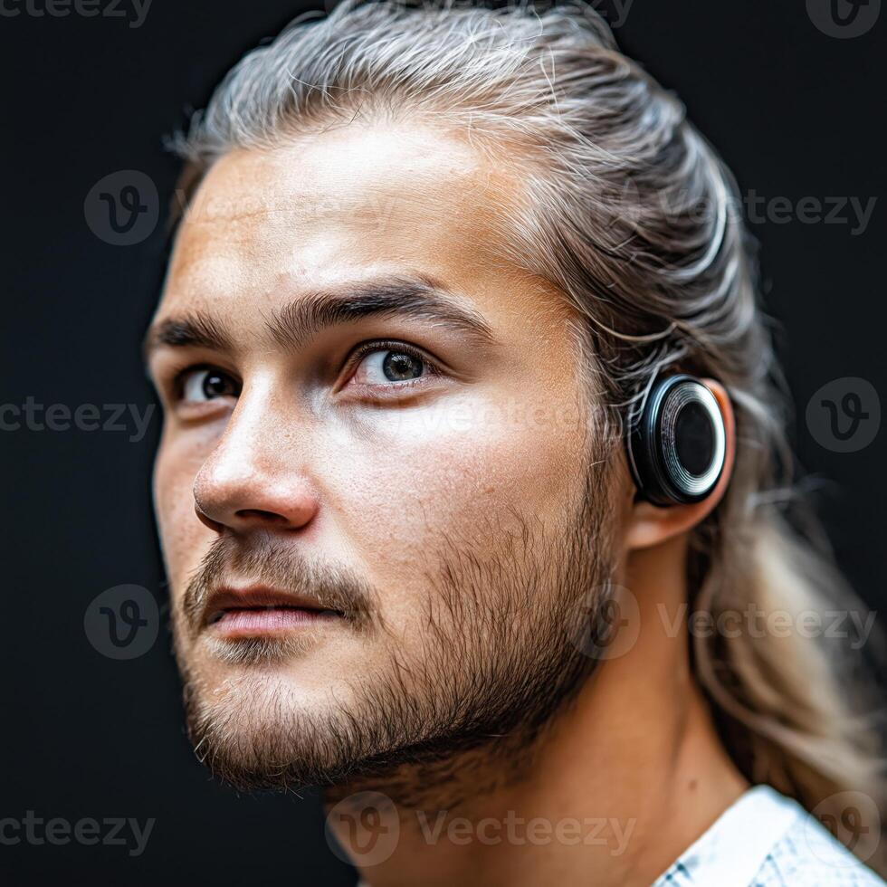 Young man wearing innovative hearing aid listening to music photo