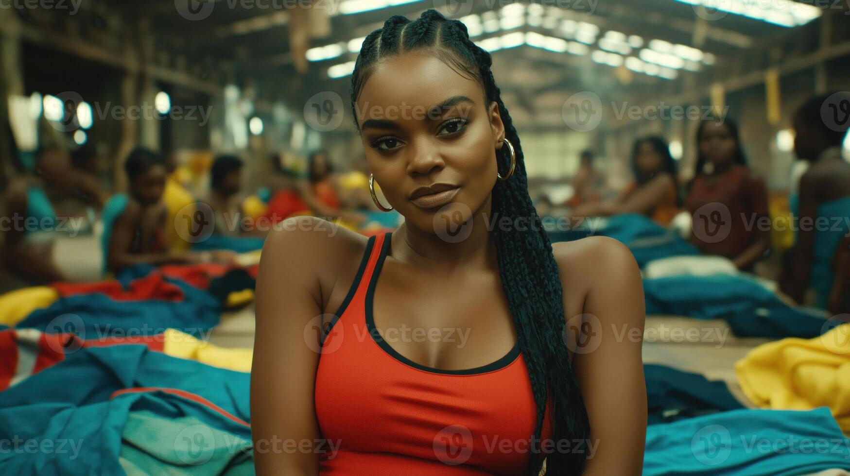 Supervisor posing in swimwear factory with workers sewing in the background photo