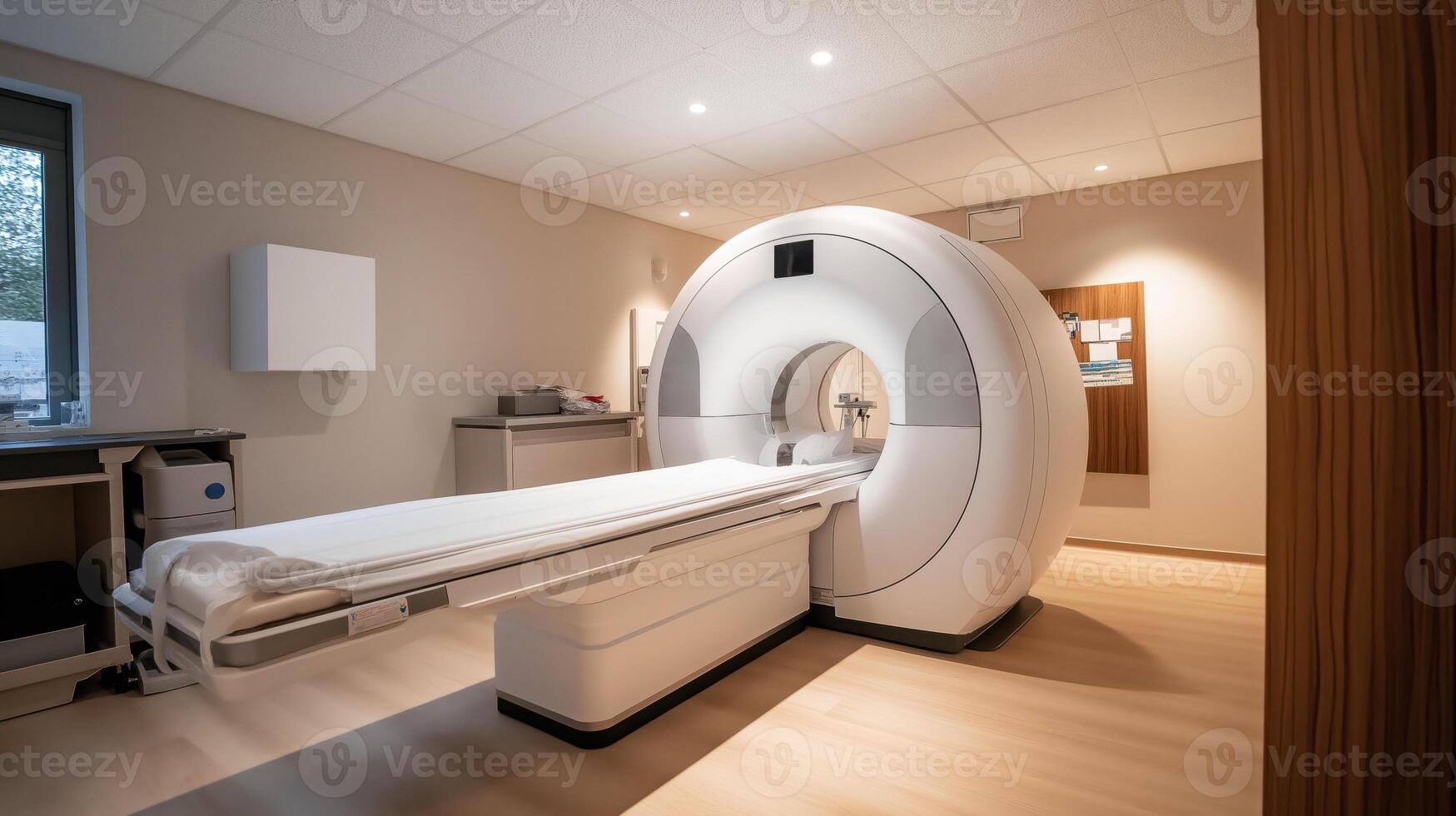Modern MRI scanner machine in hospital room with empty bed awaiting patient photo