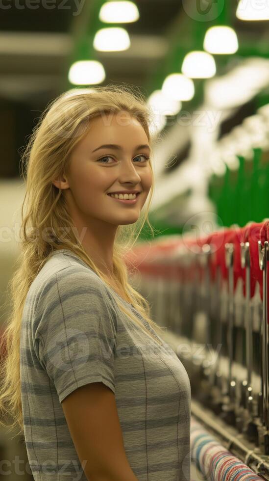 Smiling Female Textile Worker Monitoring Weaving Production in Modern Factory photo