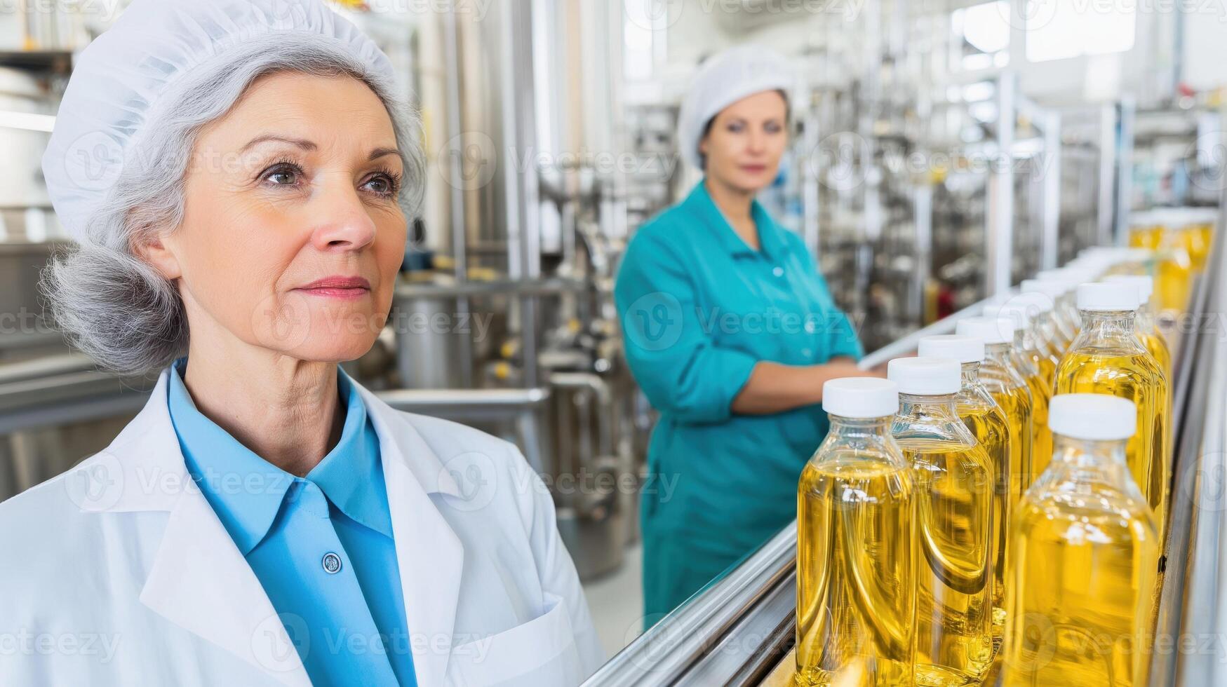 Food scientist supervising production line of bottled oil in factory photo