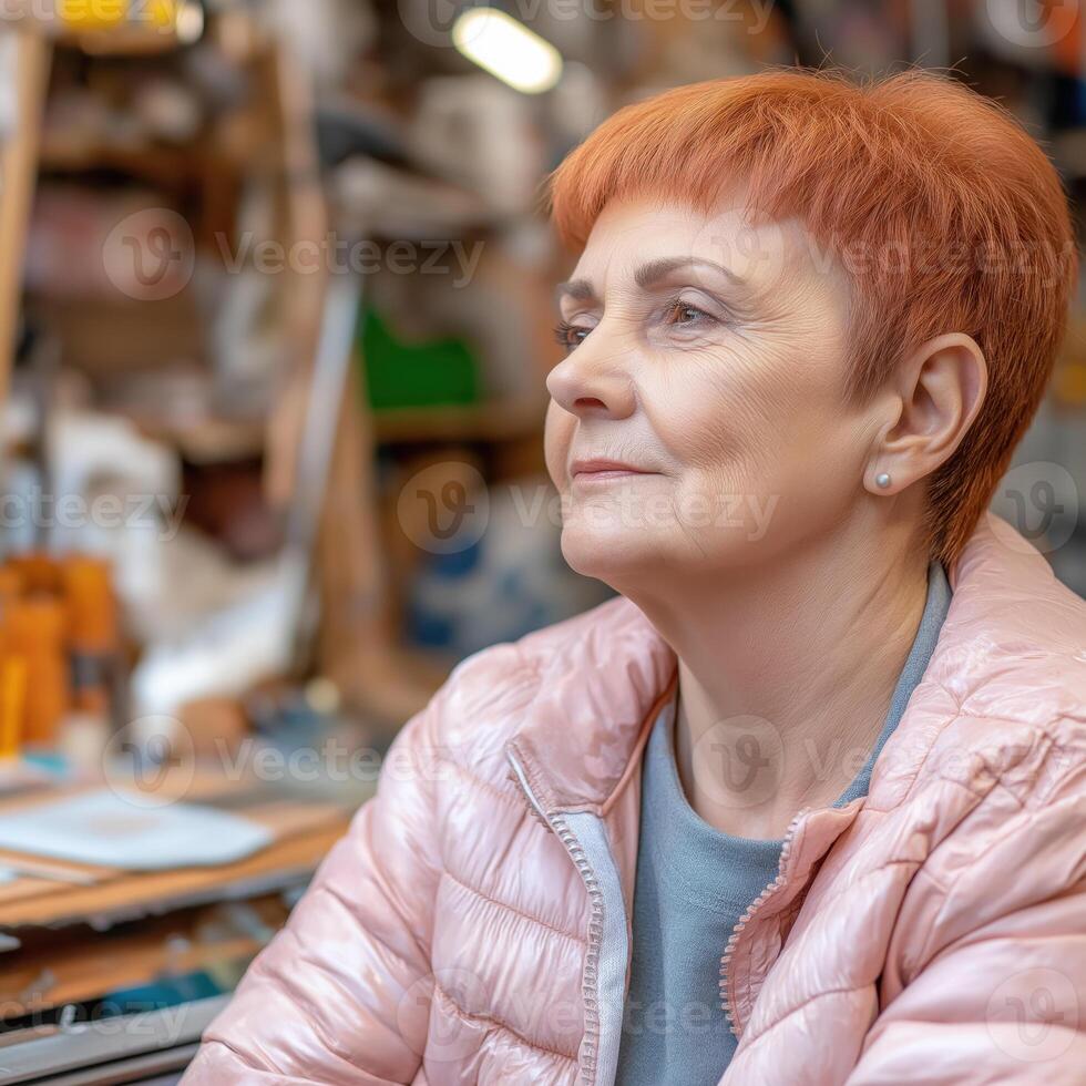 Portrait of a pensive senior craftswoman with short red hair, wearing a pink padded jacket, looking up with a thoughtful expression in her busy workshop photo