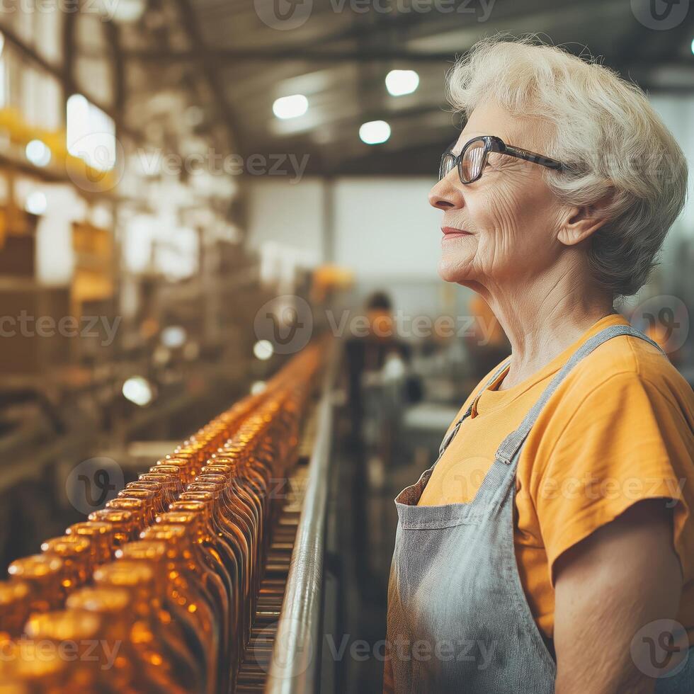 Elderly woman in uniform working at a beverage bottling factory, ensuring quality control on the conveyor belt photo