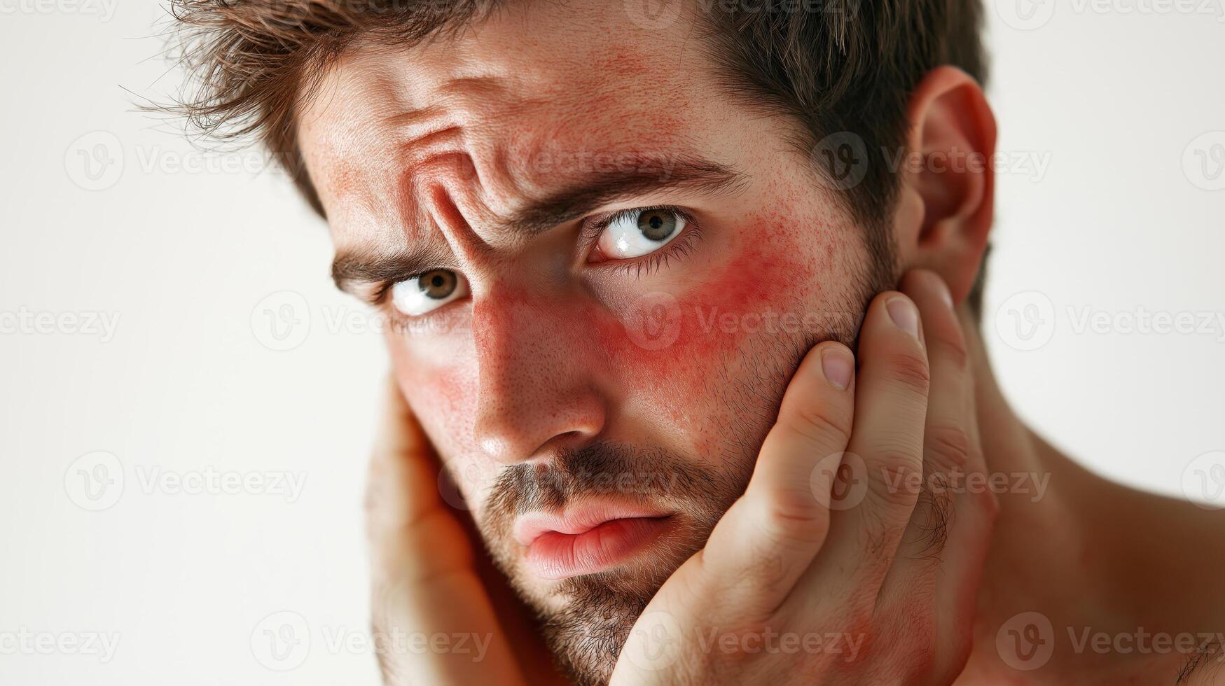 Young man suffering from erythrophobia, blushing and touching face photo