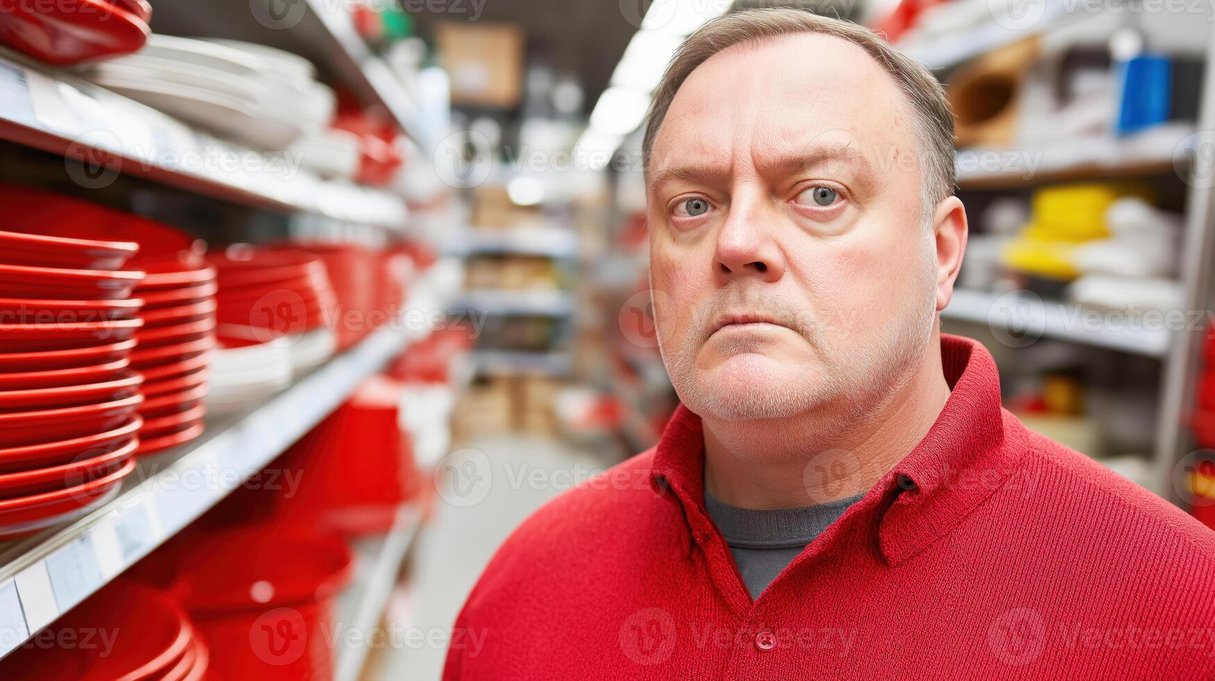 Serious shop assistant posing in a tableware store with red plates and bowls, concerned expression about sales and the retail environment photo