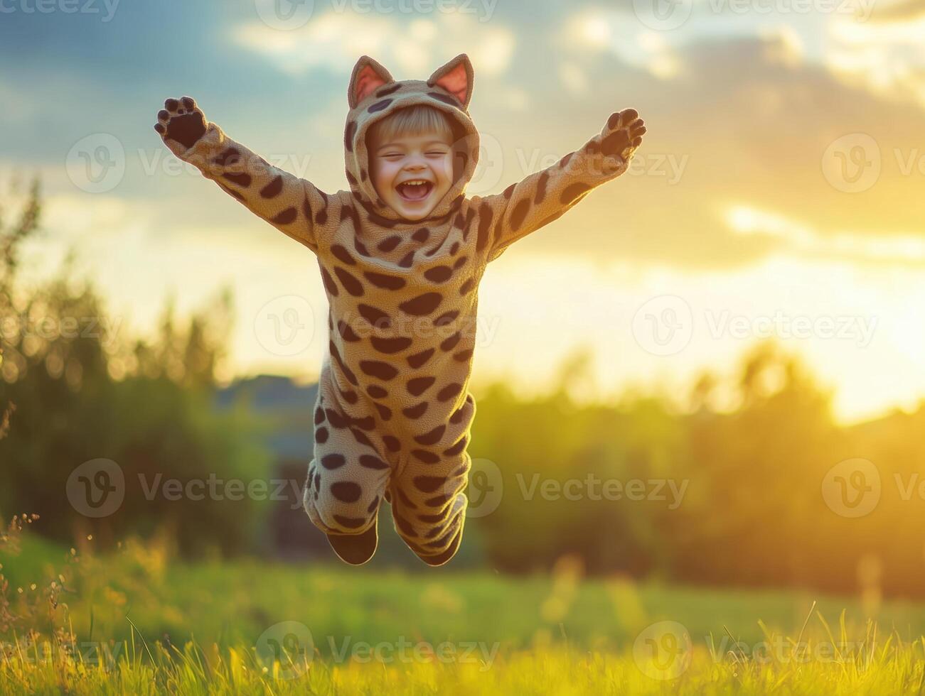 Happy child dressed in a playful cheetah costume, joyfully jumping in a vibrant meadow during sunset, embracing the feeling of freedom and pure happiness in the golden hour light photo