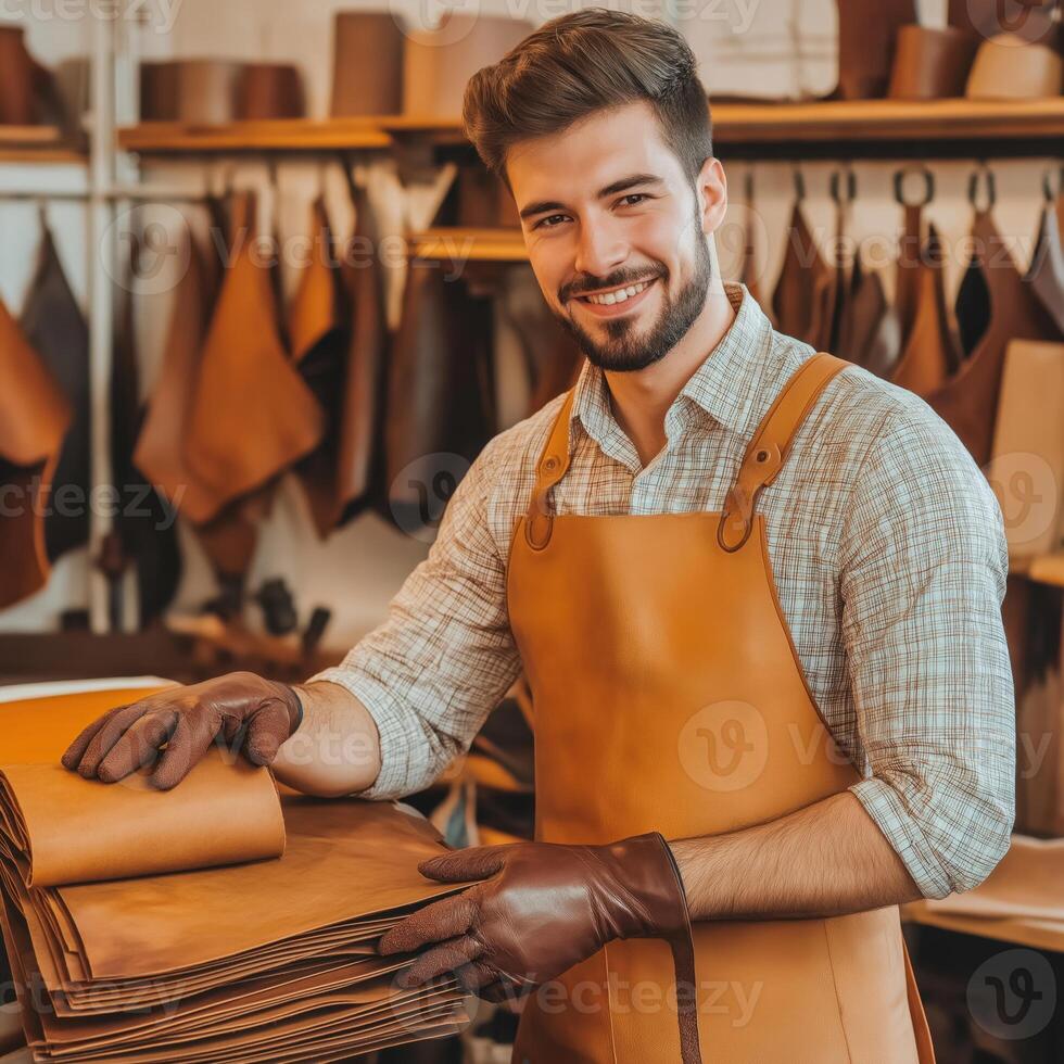 Shoemaker examining genuine leather in workshop photo