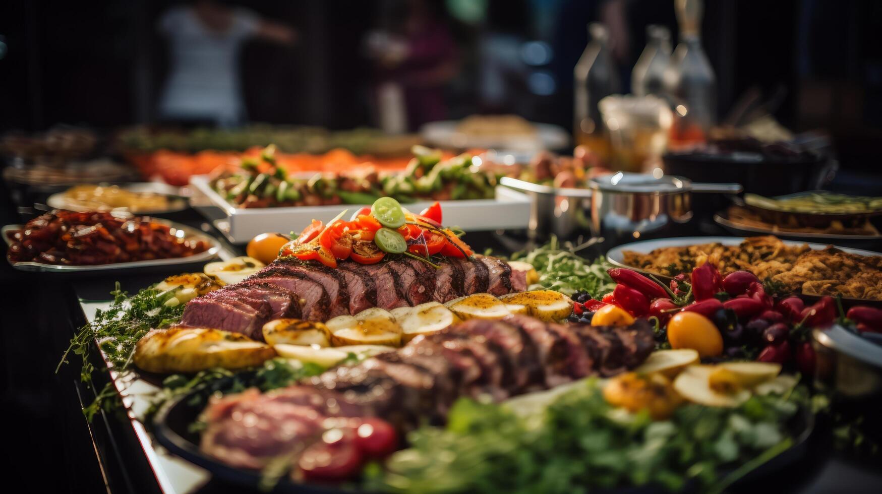 A buffet table with meat, vegetables and fruit photo