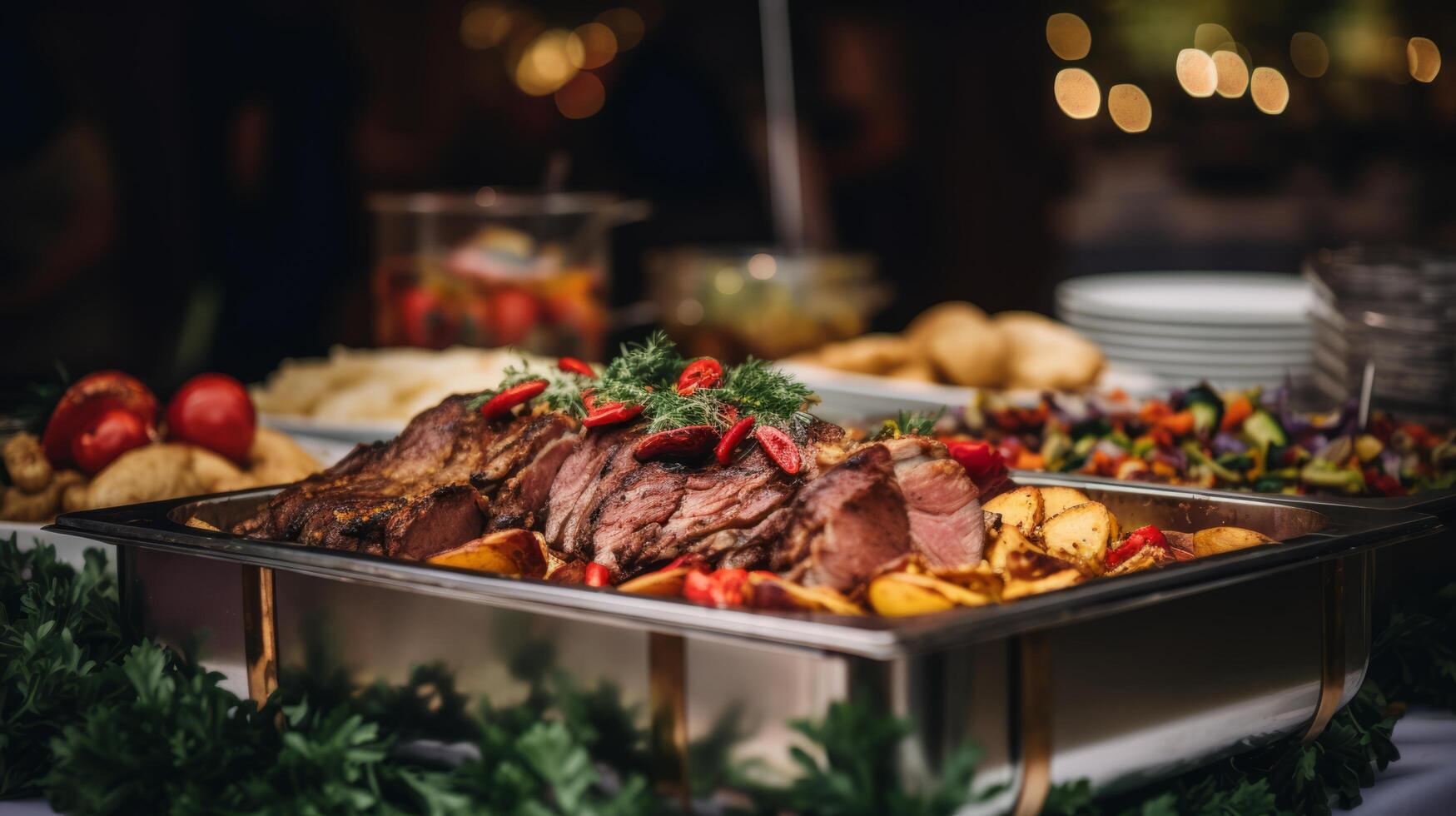 A buffet table with meat and vegetables photo
