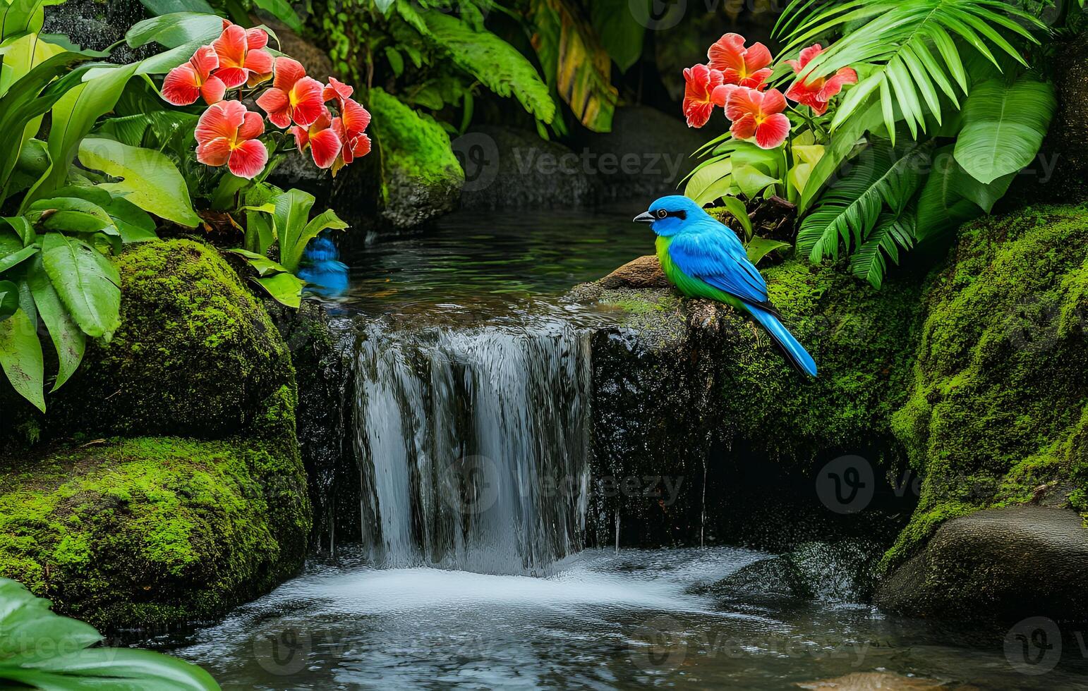 A bird's eye view of a Tanager perched on a stream of flowing water in a dense forest photo