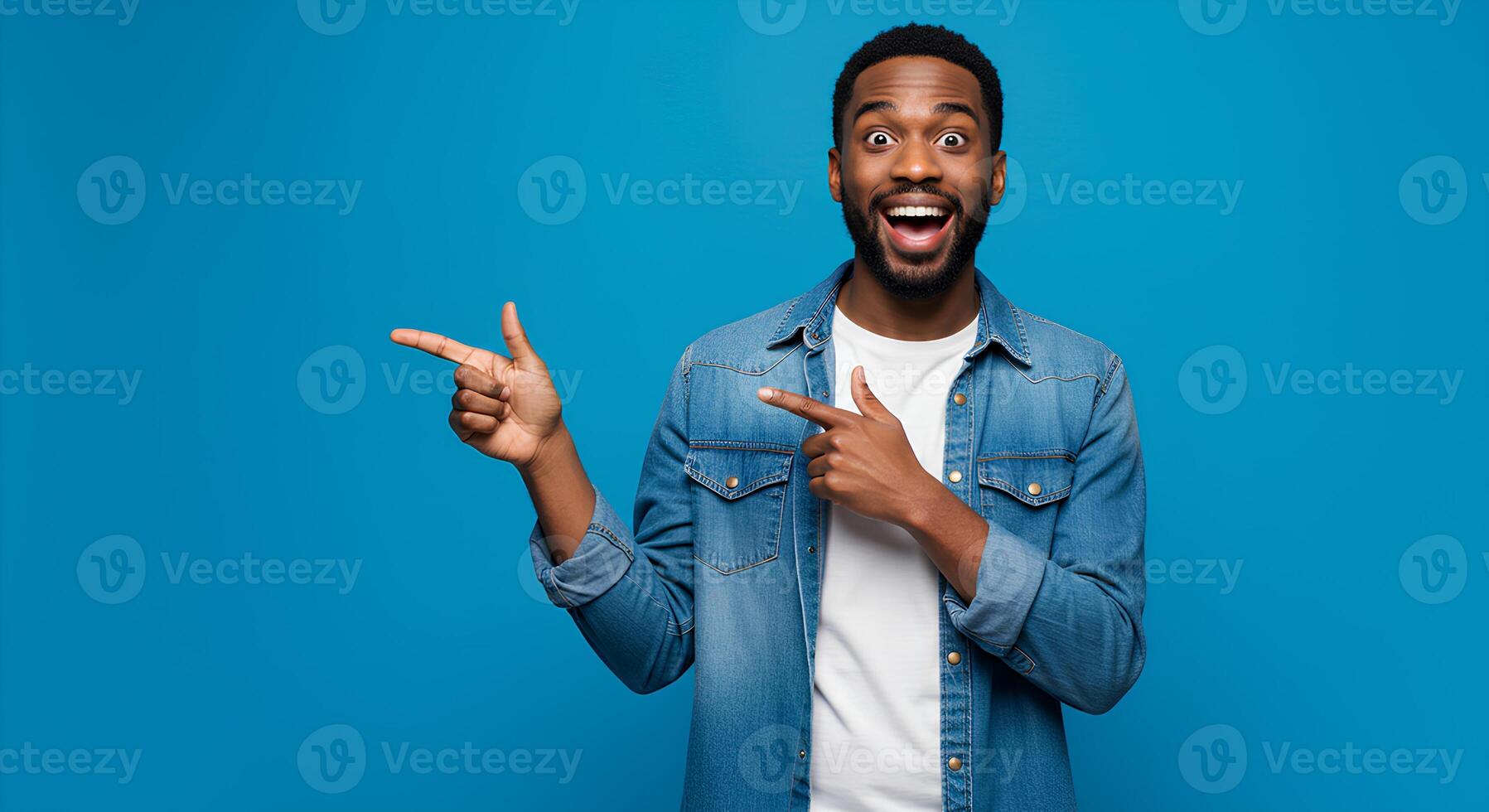 Excited Man Pointing to the Right, Ready for an Announcement photo