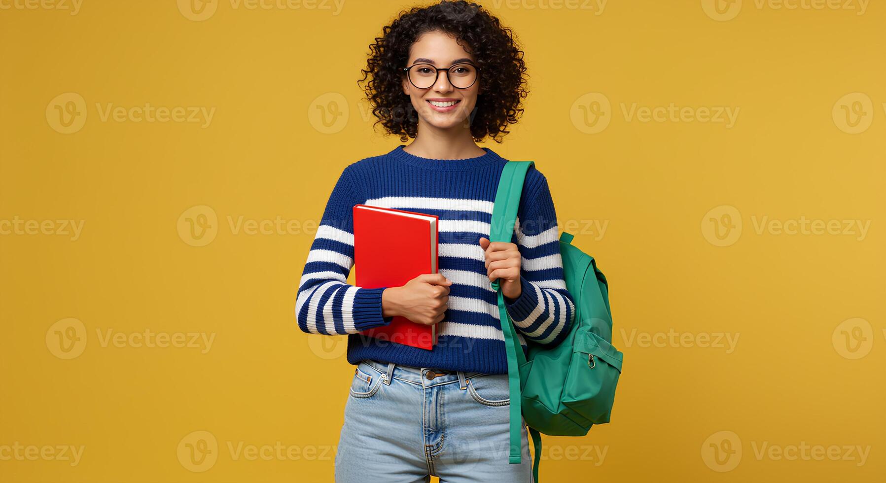 Happy Student with Books and Backpack, Ready for School photo