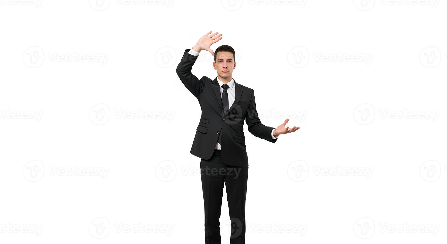 Businessman Presenting a Virtual Object Against White Background photo