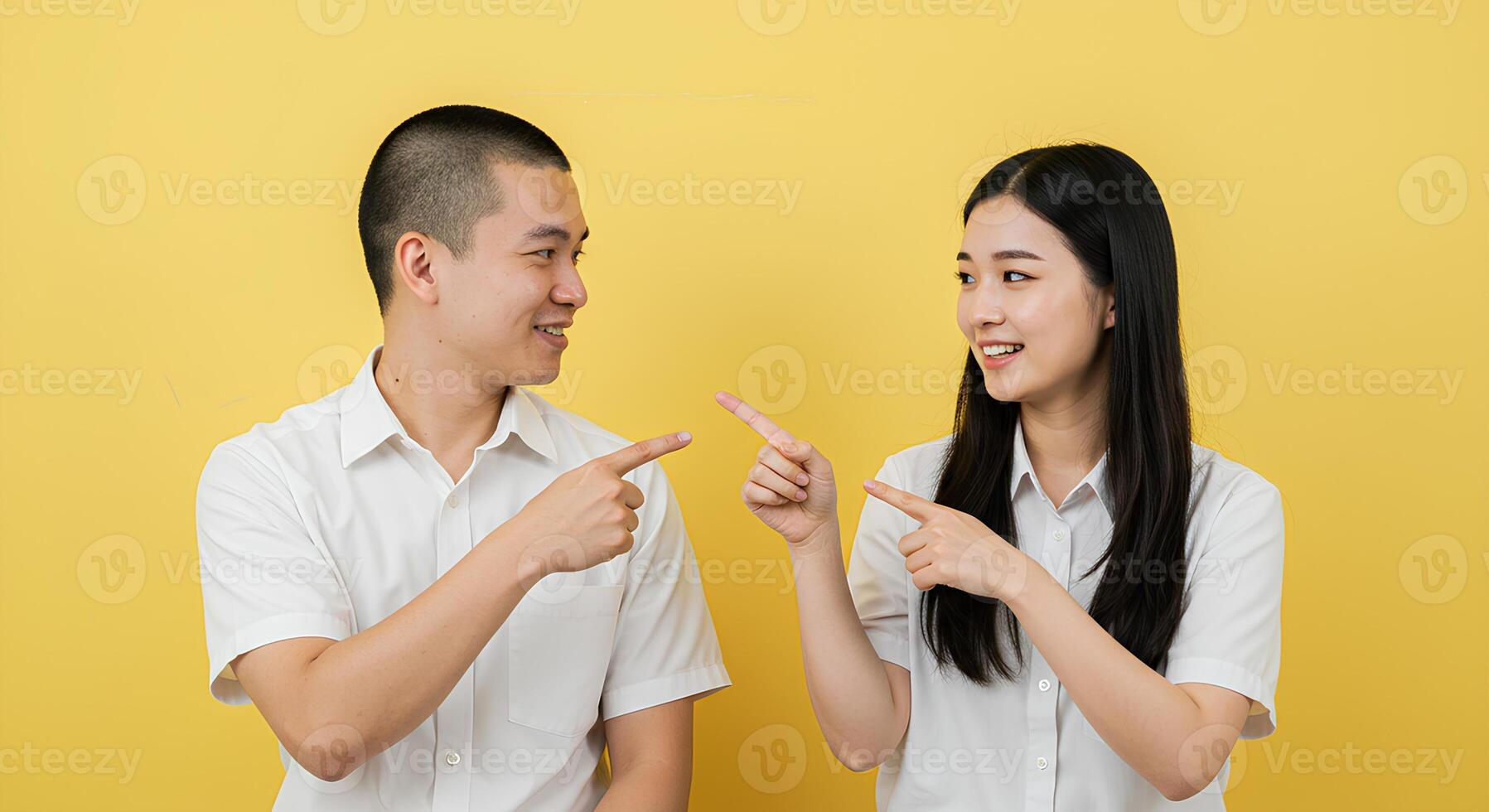 Smiling Couple Pointing Towards Something, Ready for a Discussion photo