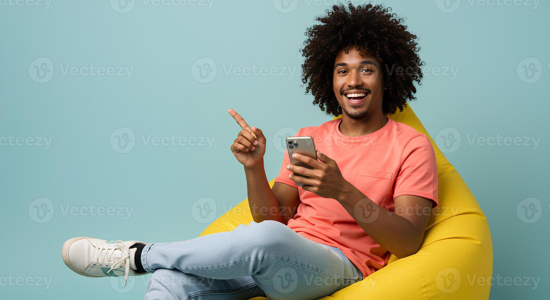 Happy Man Using Smartphone Points to the Future photo
