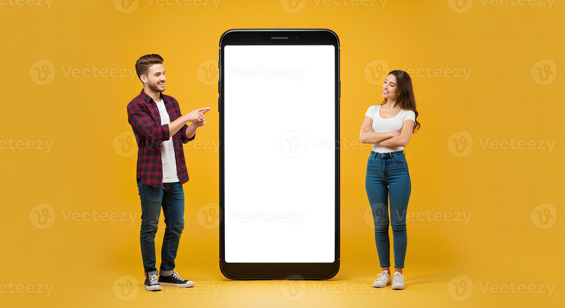 Smiling Couple Points at Large Blank Smartphone Screen photo