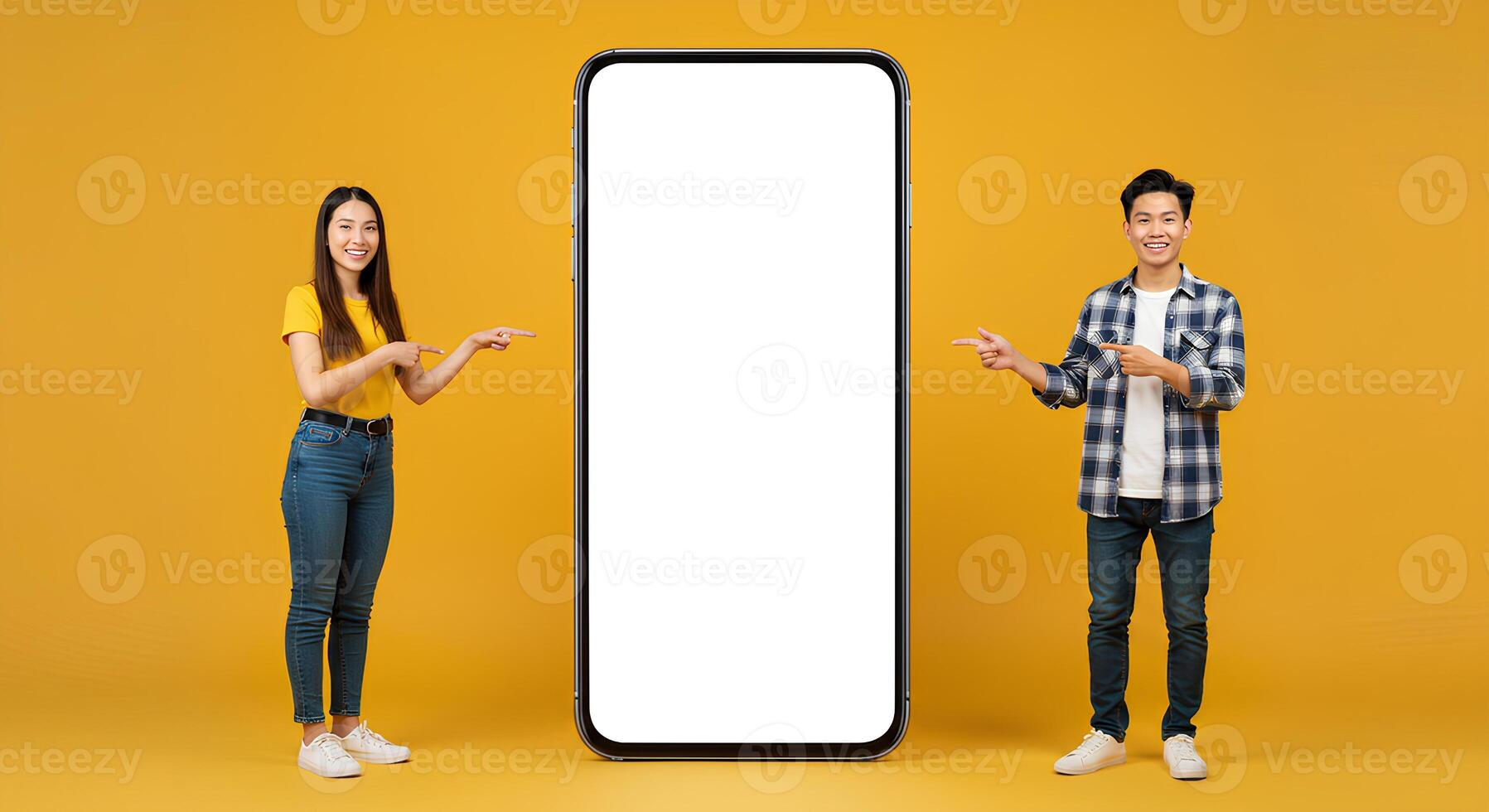 Smiling young people pointing at a large blank smartphone screen photo