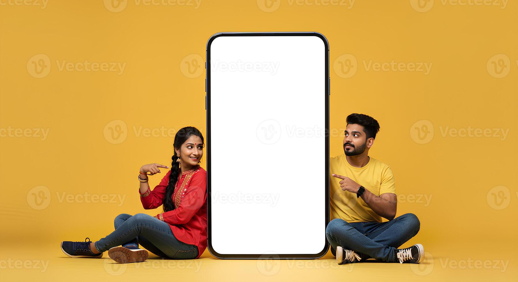 Couple Points to a Large Blank Smartphone Screen photo