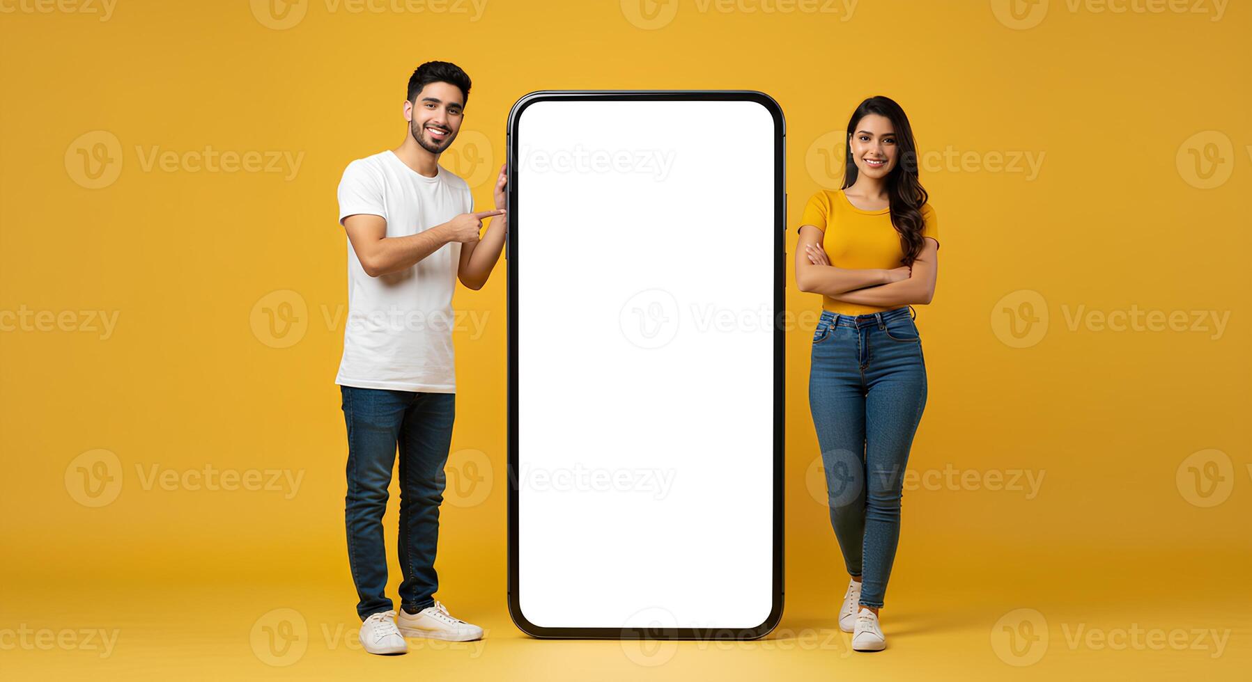 Happy Couple Holding a Large Blank Smartphone Display Against a Yellow Background photo