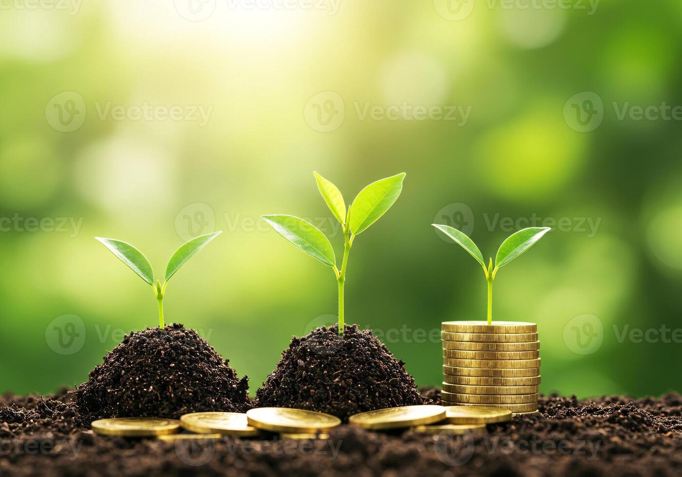 Small Plants Growing on Stacked Coins with Scattered coins for Savings Concept photo