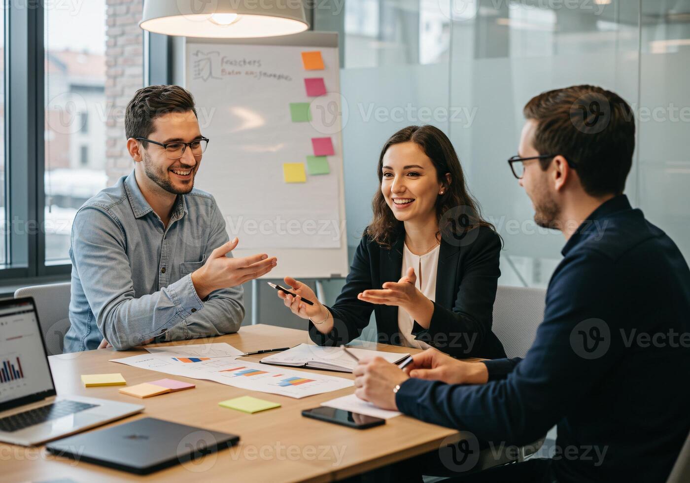 Team of professionals discussing project details in a meeting photo