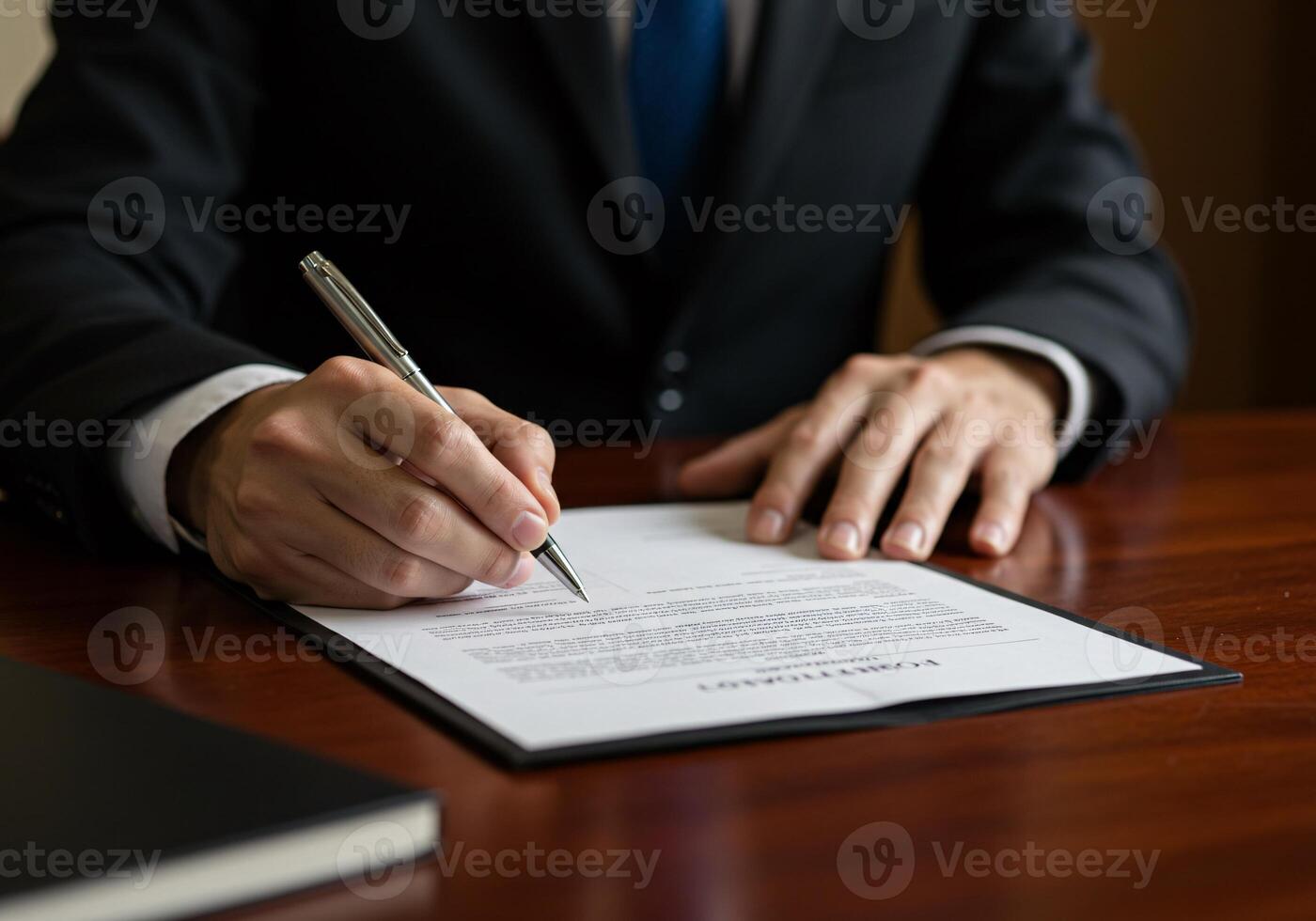 Man signing a legal document in a business setting photo