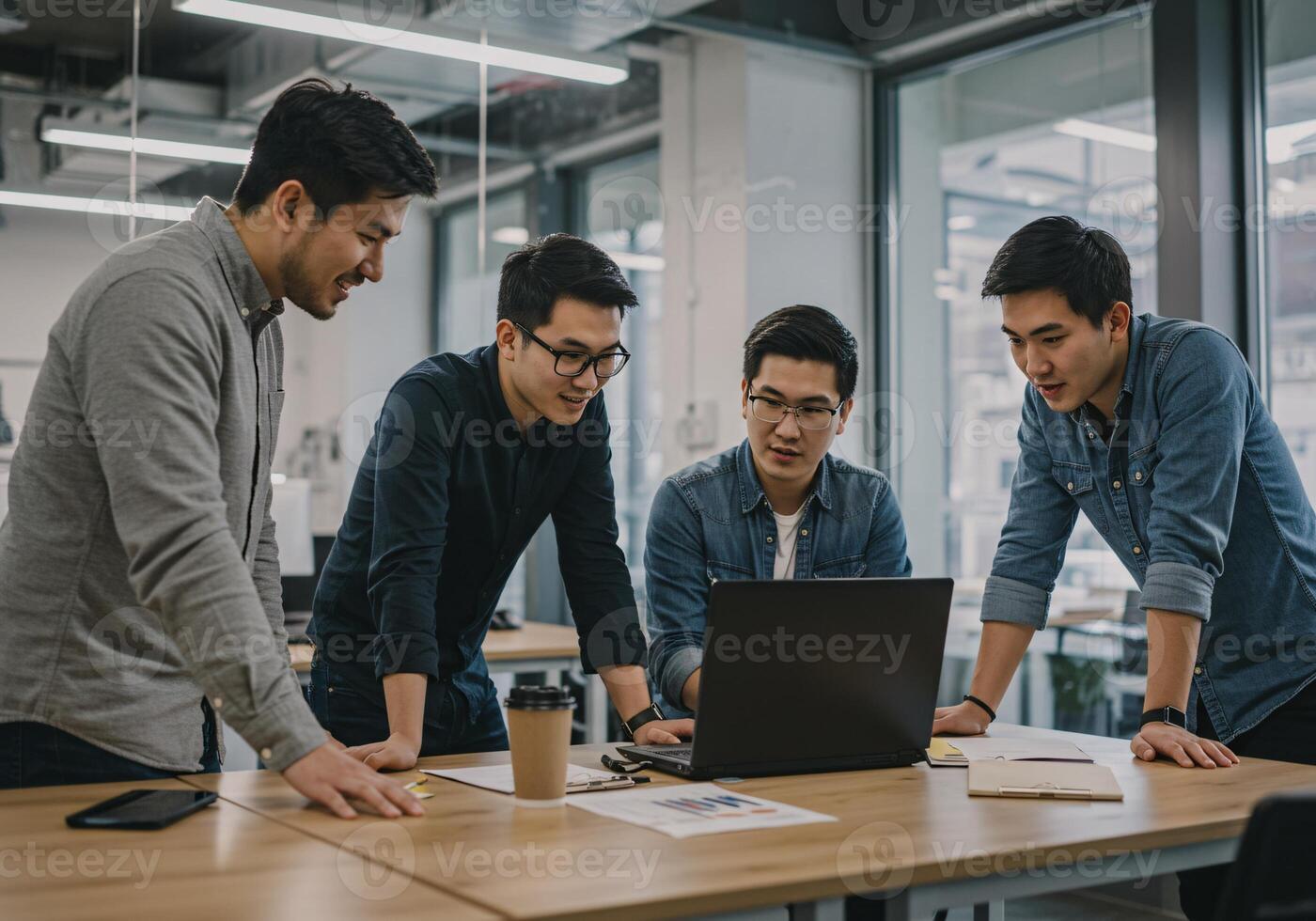 Business and tech professionals collaborating in a modern office photo