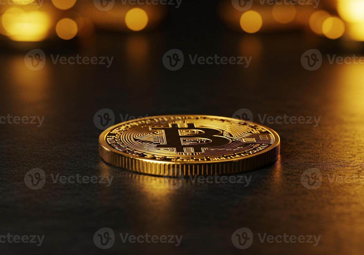 Bitcoin Coin Standing on Wooden Surface with Blurred Lights photo