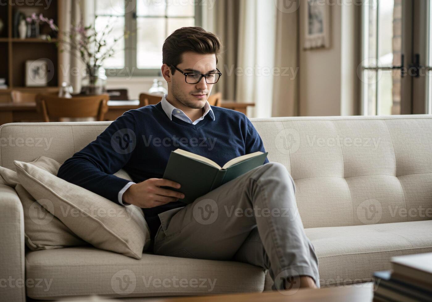 Man reading a book on a sofa in a bright living room photo