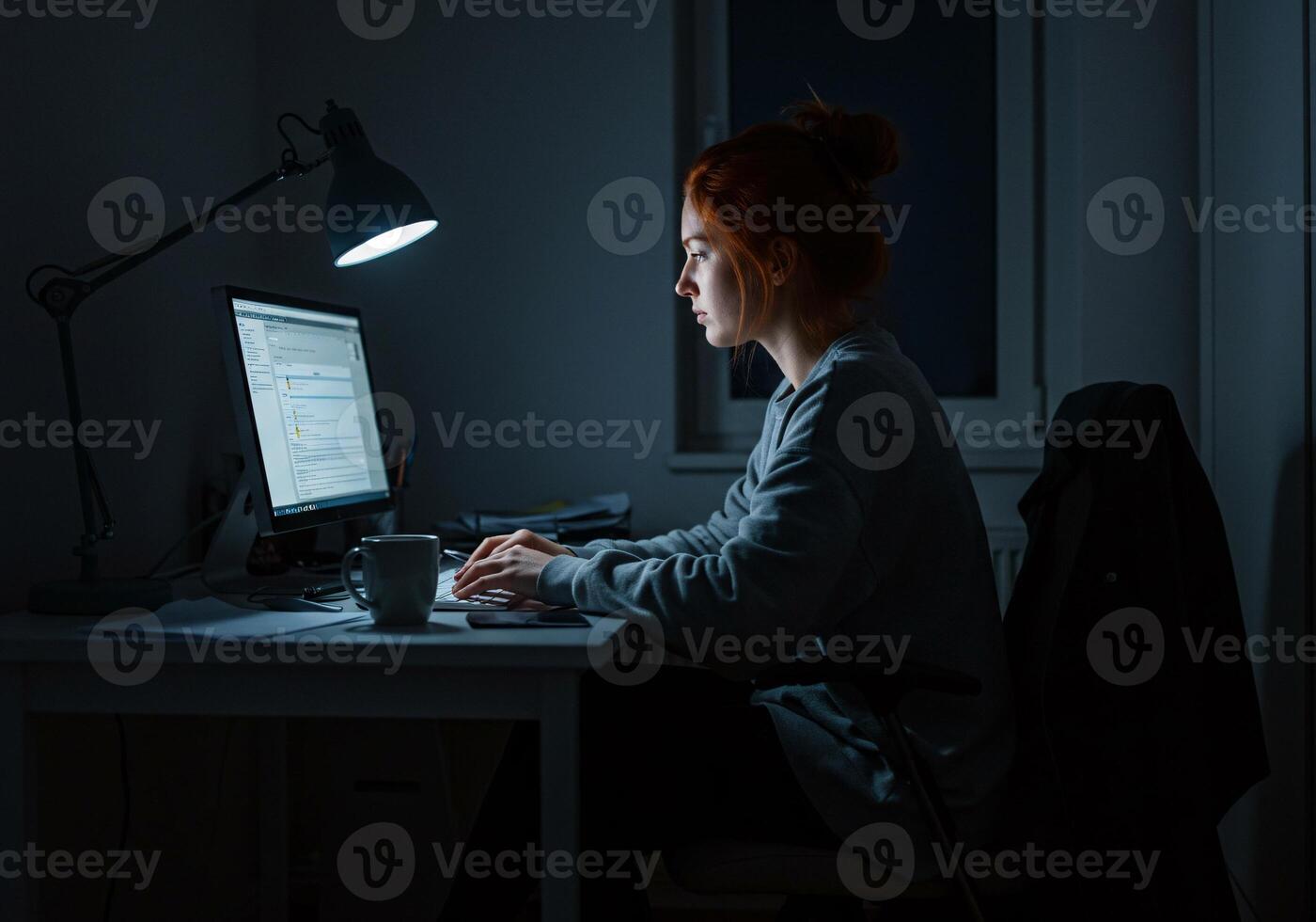 Woman Working Coding on Computer at Night photo