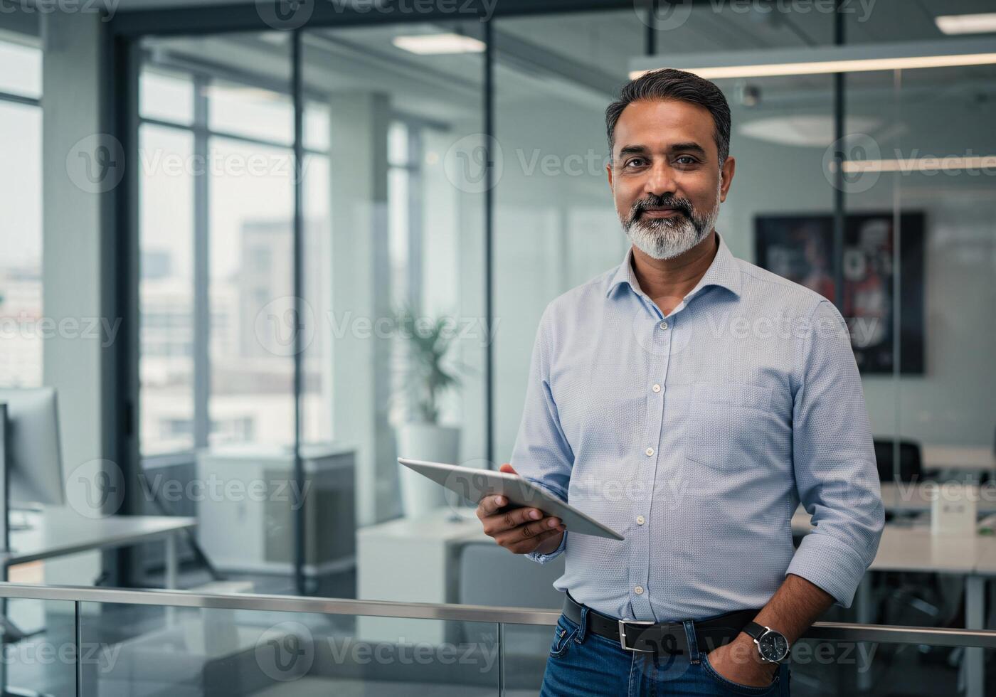 Smiling businessman holding a tablet in a modern office setting photo