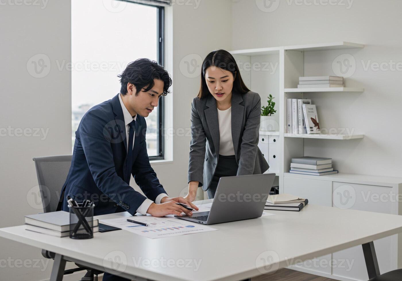Business professionals discussing a project in modern office setting photo