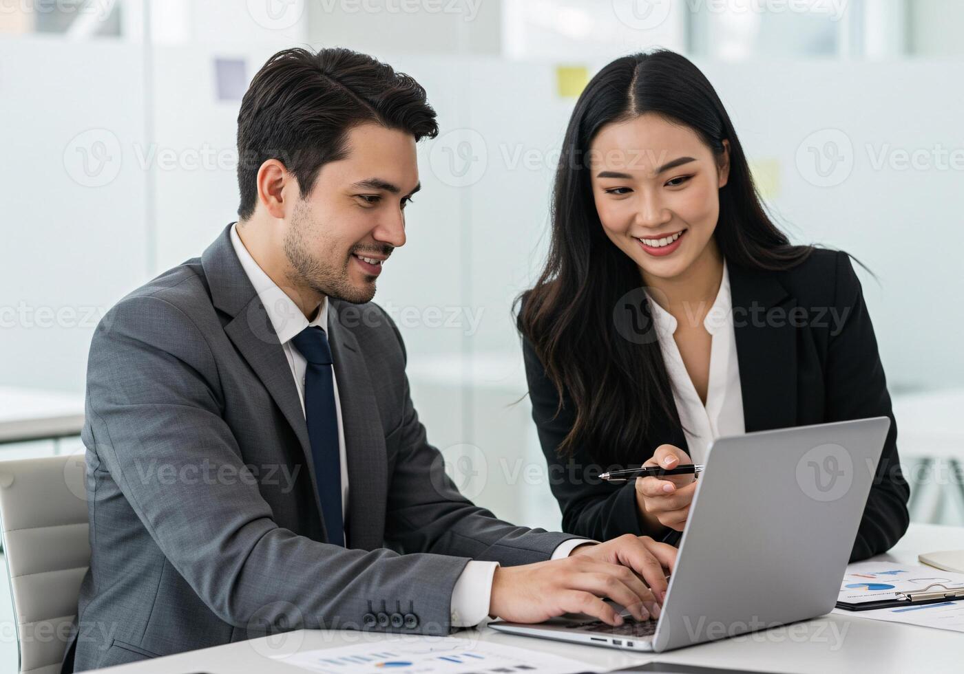 Business professionals collaborating on a project using a laptop photo