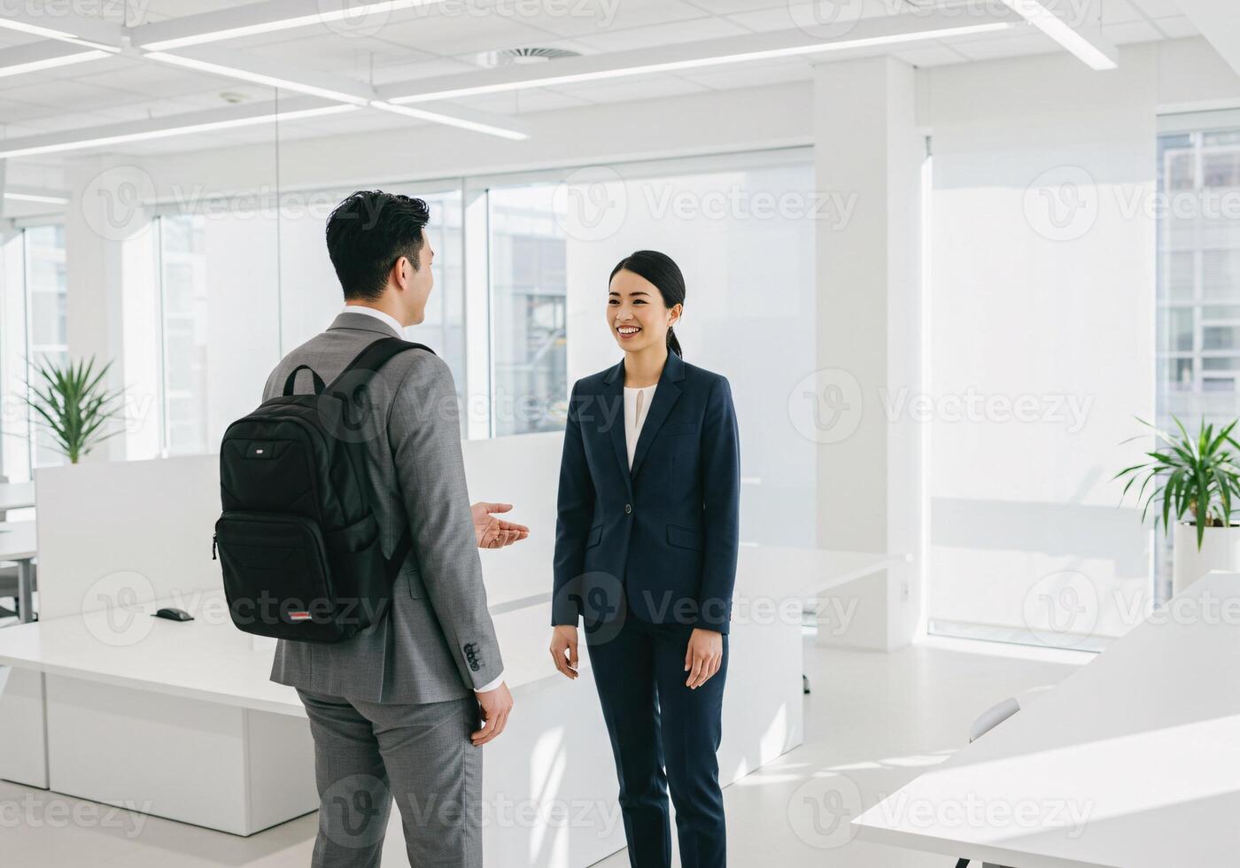 Business professionals in a modern office setting having a discussion. photo