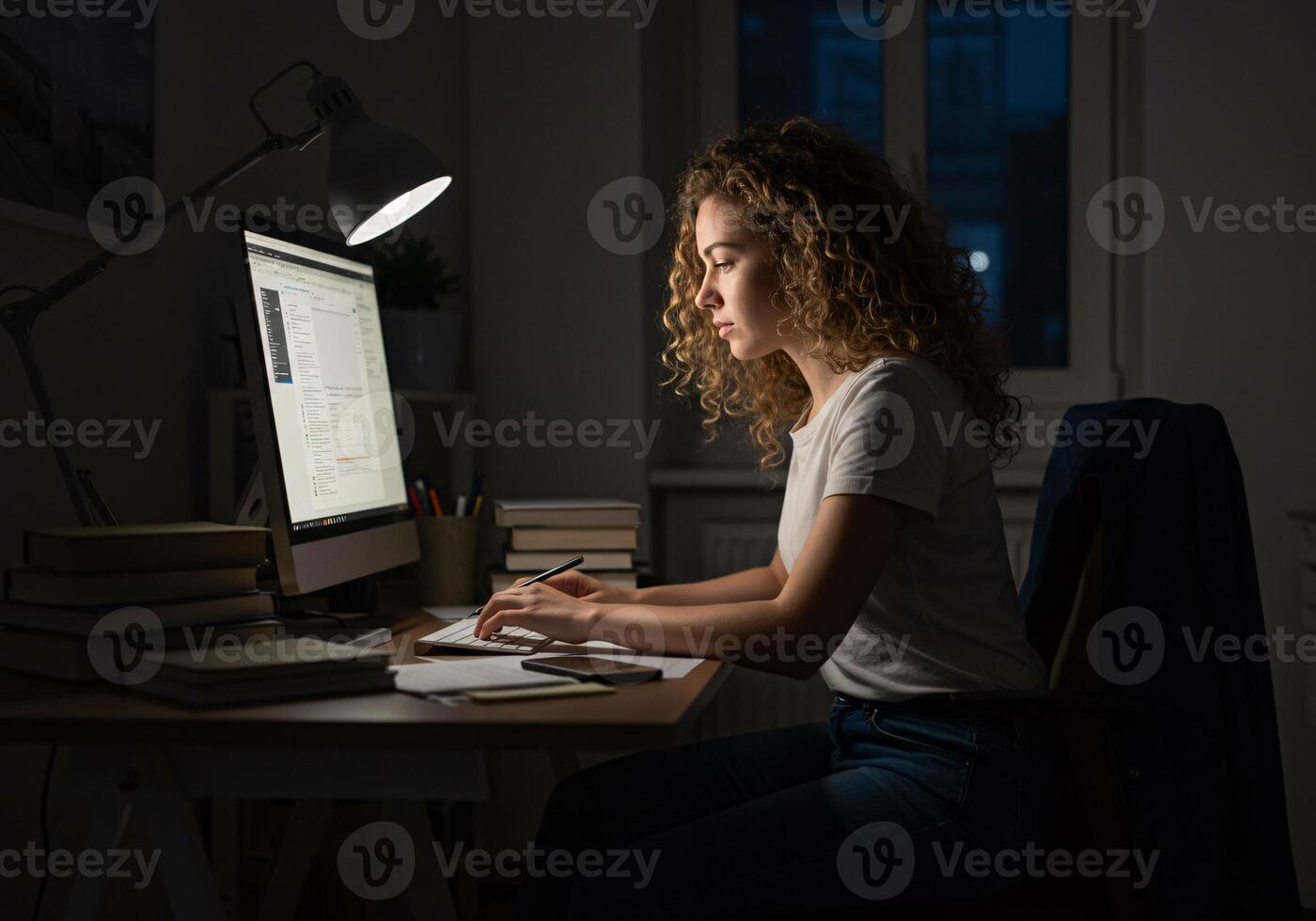 Woman working late at night on her computer in a dimly lit room. photo