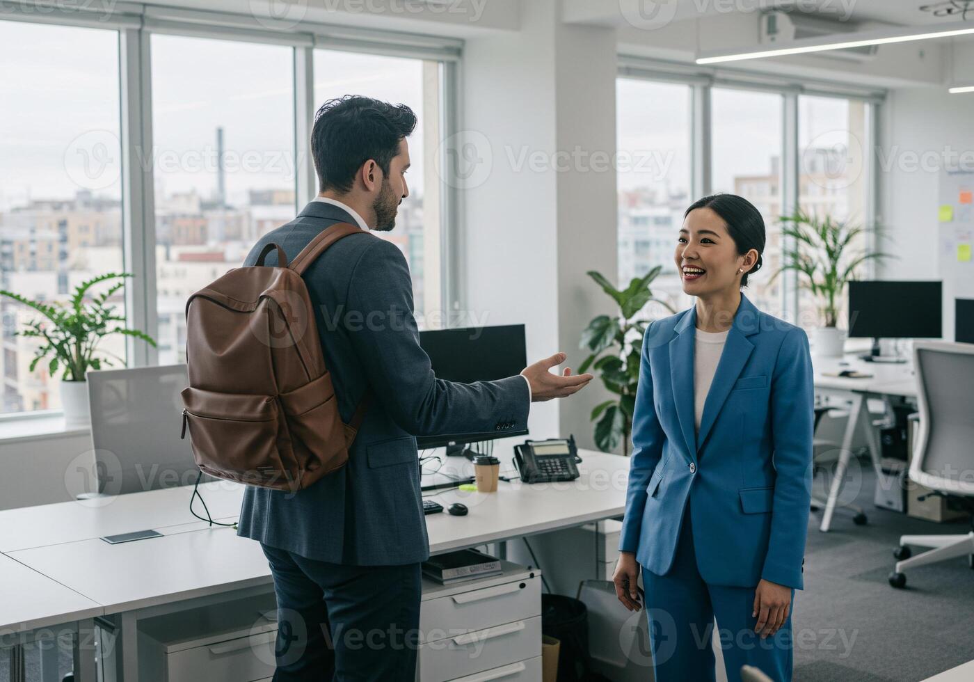 Two colleagues having a conversation in a modern office setting photo